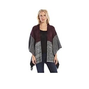 AB Studio Red Gray Black Colorblock Shawl Poncho Open Cardigan Sweater Small